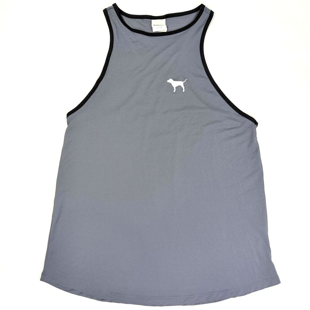 VS Pink Y2K Womens Small Racerback Tank Gray Black Trim White Dog Logo